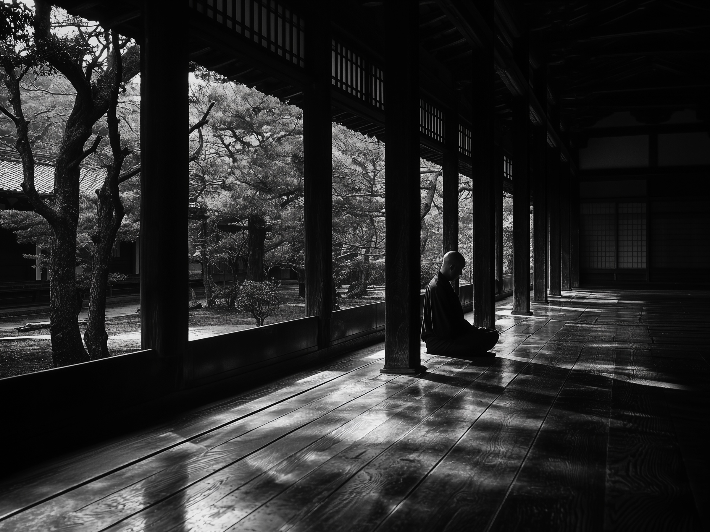 深い影の回廊で祈る姿を描いたモノクローム作品『後光の祈り』