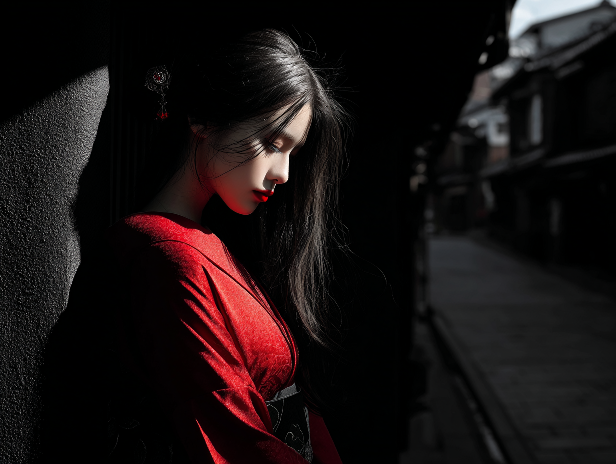 深い影の町角に佇む紅い衣の女性を描いた作品『紅影の余韻』
